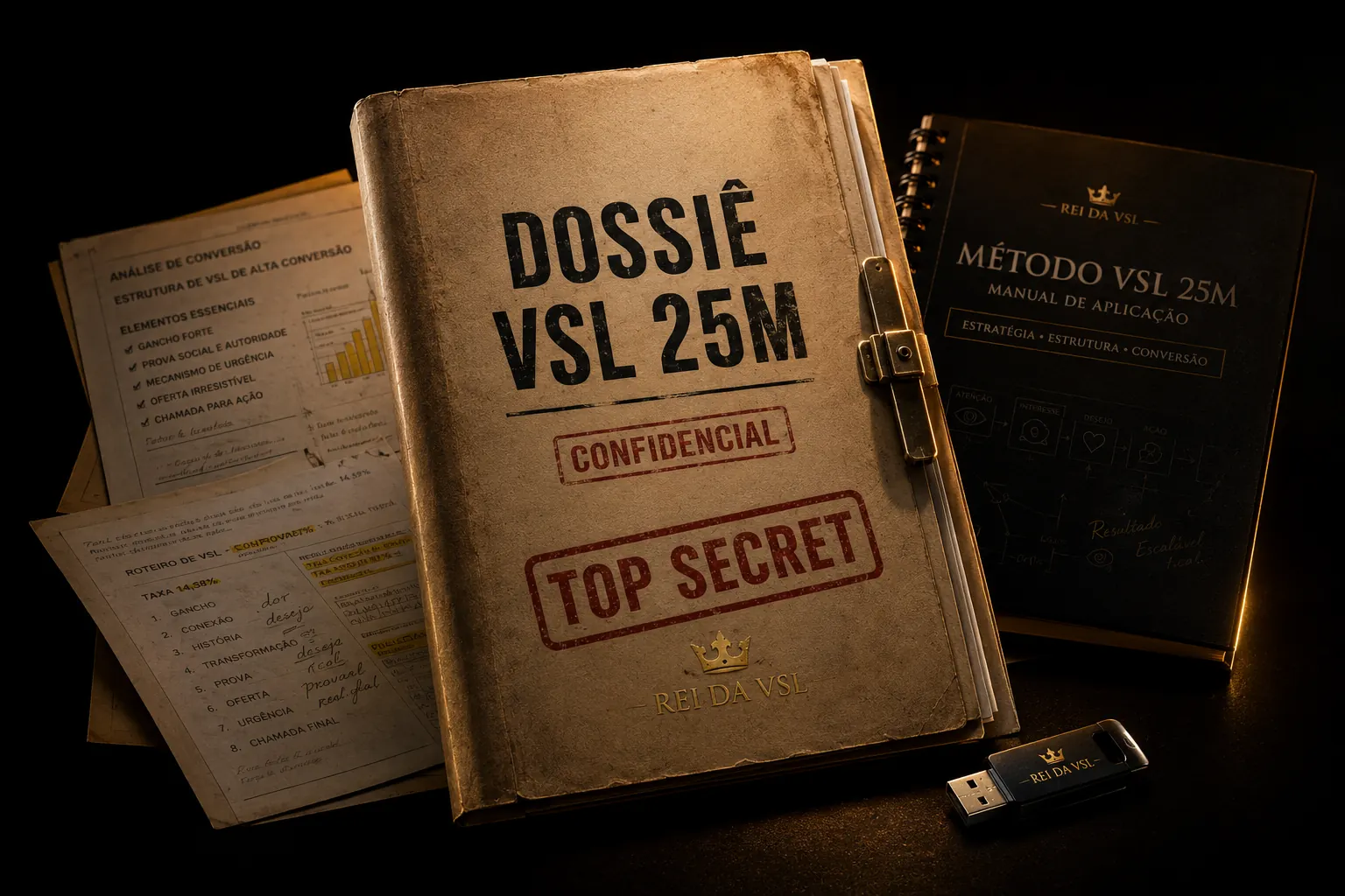 Bundle do Dossiê VSL 25M. Pasta, caderno e USB