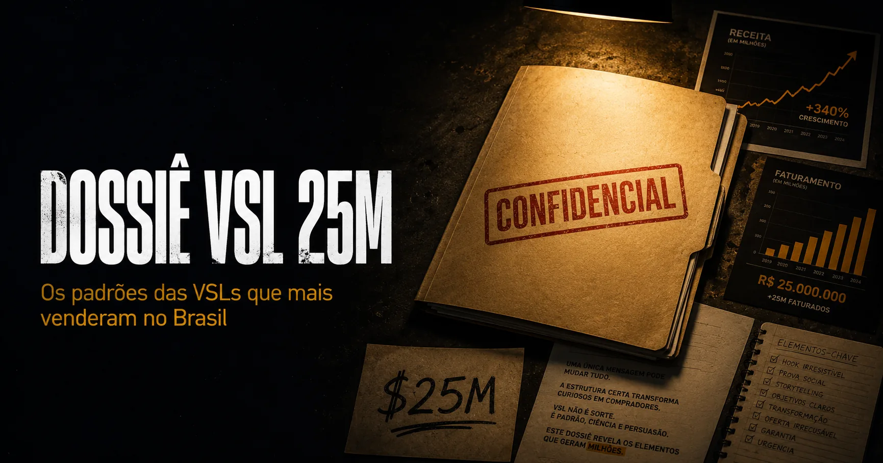 Dossiê VSL 25M. Pasta confidencial com análise de R$25M em faturamento