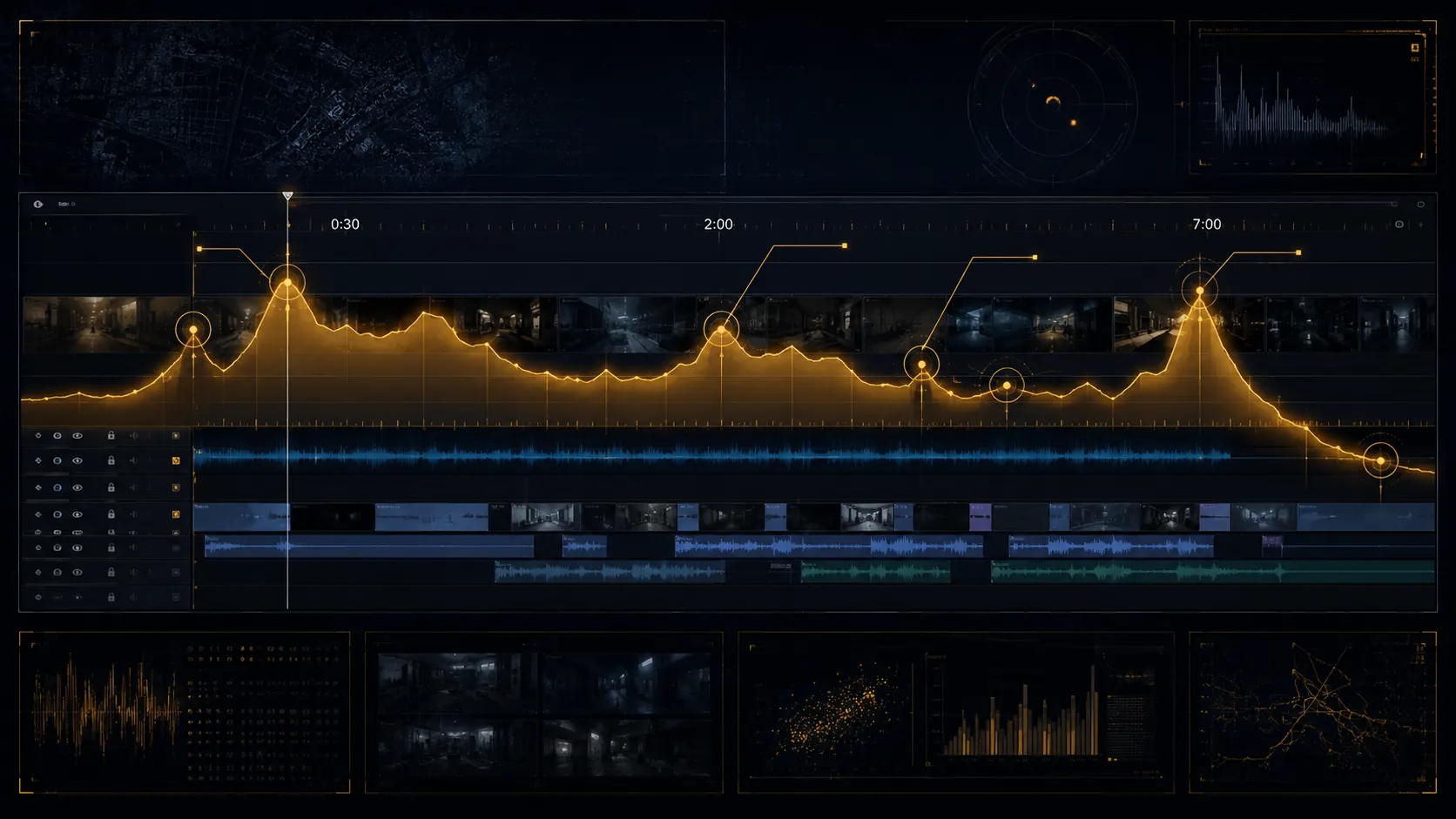 Dashboard de análise forense de VSL. Heatmap de atenção por segundo